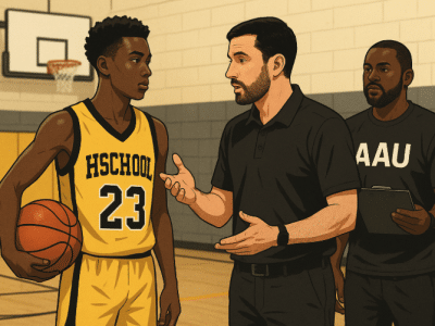 High school and AAU basketball coaches talking with a youth player in the gym, representing collaboration in youth basketball development.